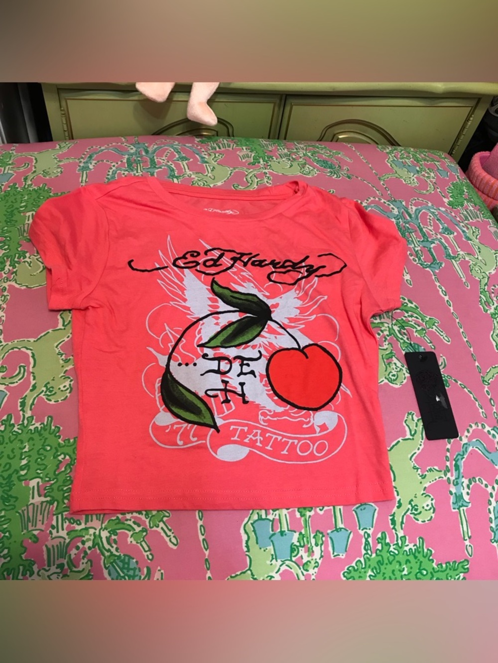 Ed Hardy Pop Pink cherry Cropped Tee size xs